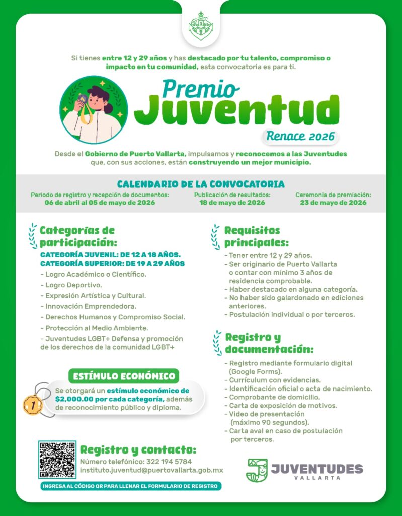Abren convocatoria del “Premio Juventud Renace 2026” en Puerto Vallarta